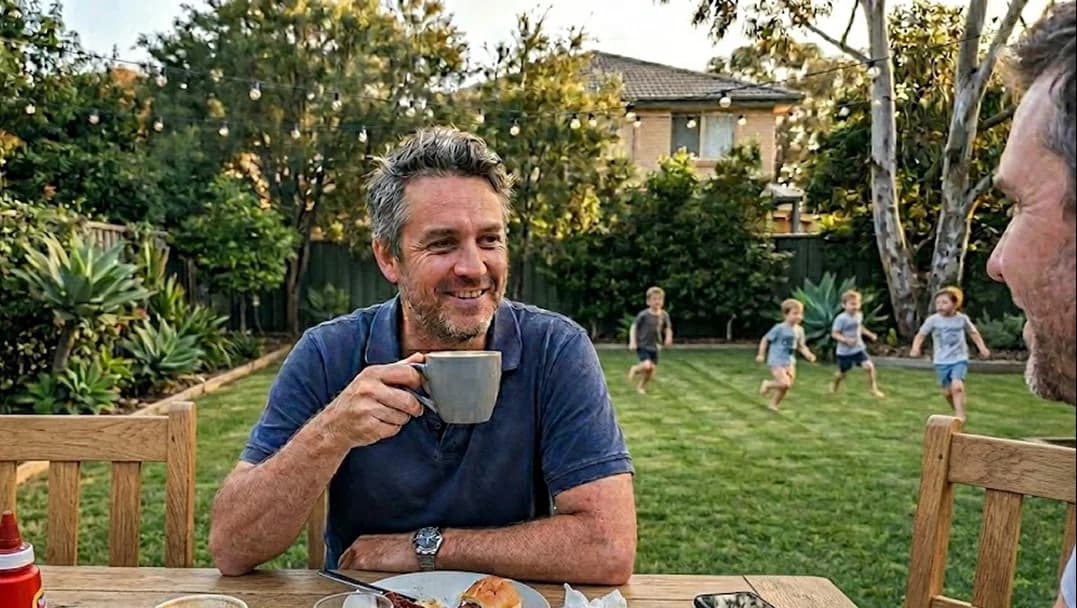 Man at backyard BBQ with kids playing