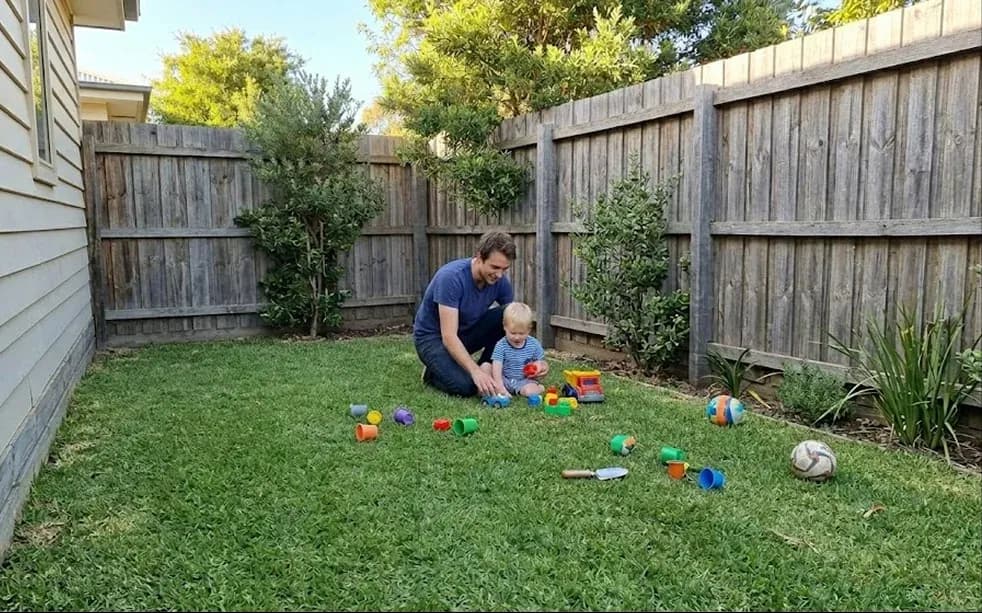 Dad playing with toddler in backyard