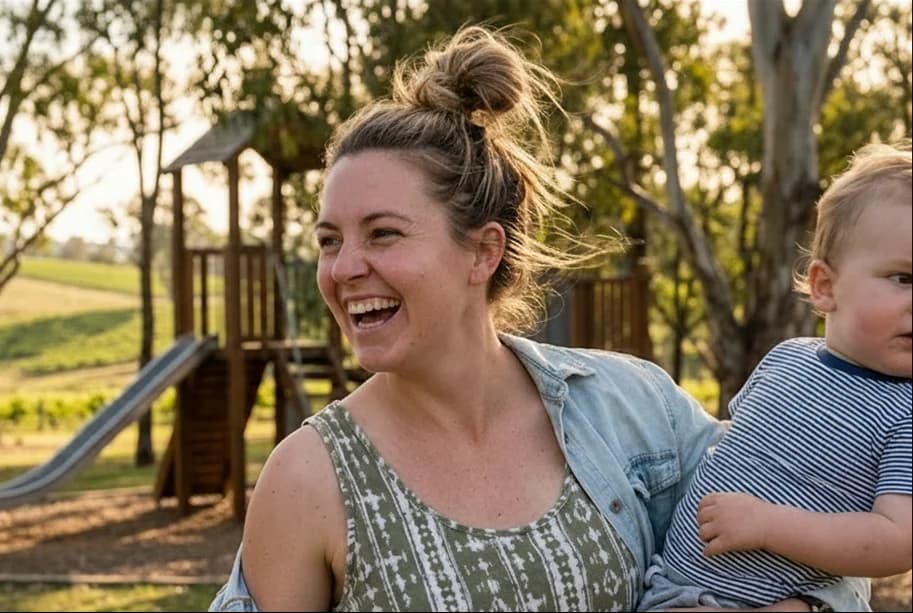 Woman laughing at park with toddler